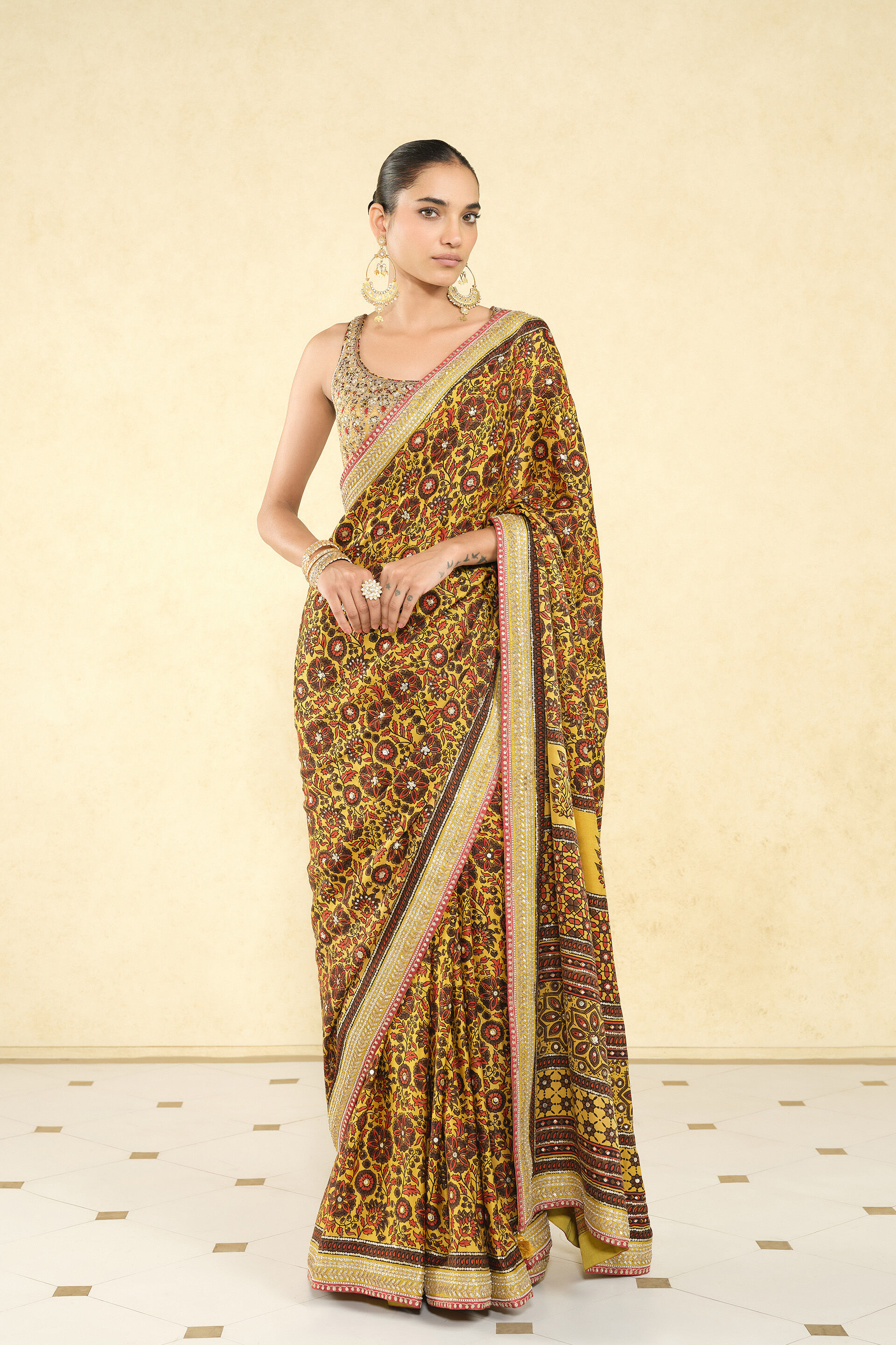 Kasano Ajrakh Hand-block Printed Silk Saree - Mustard
